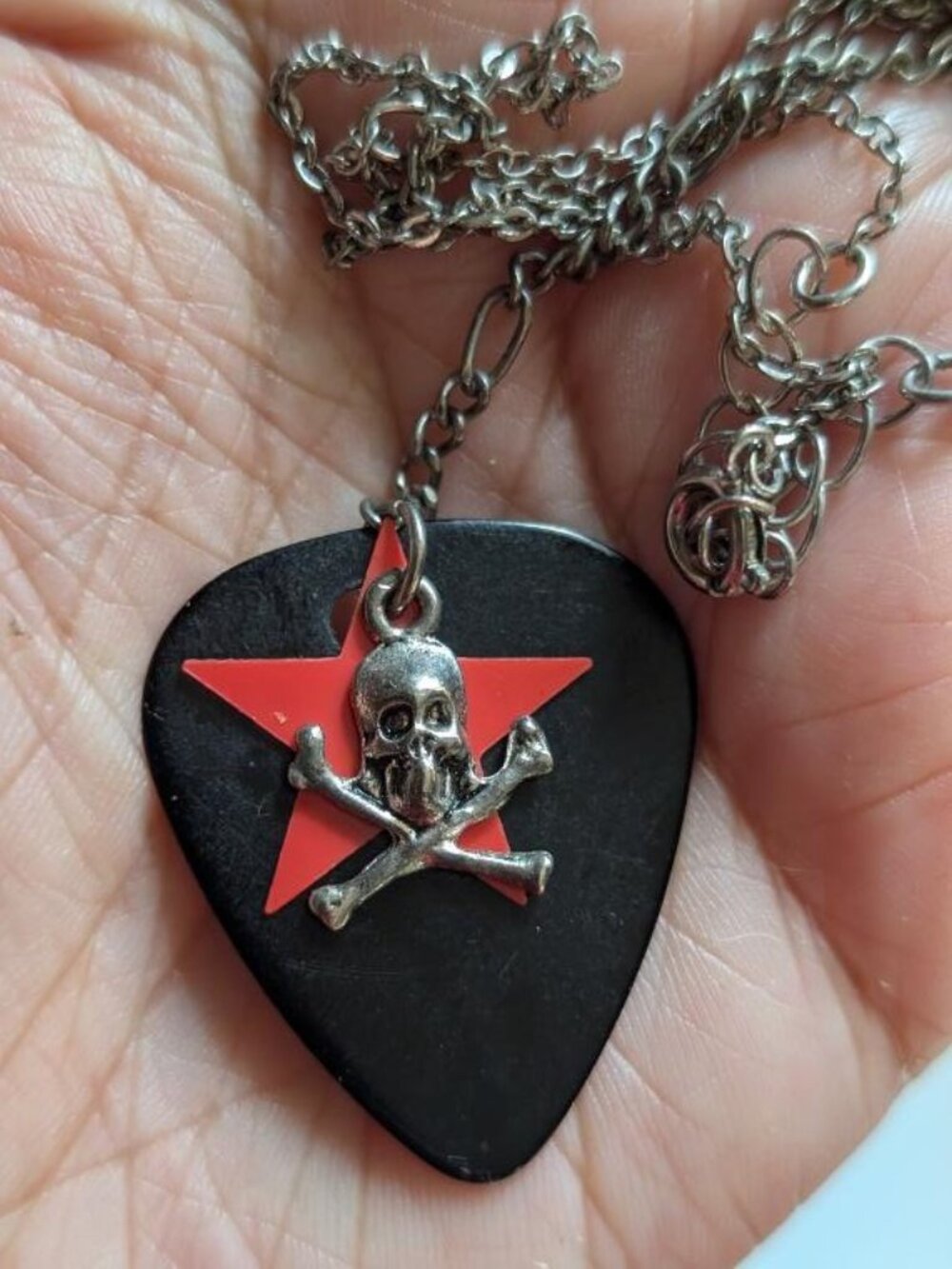 Vintage Halloween Silver Tone Skull Pendant Necklace & Red Star on a Black Pick